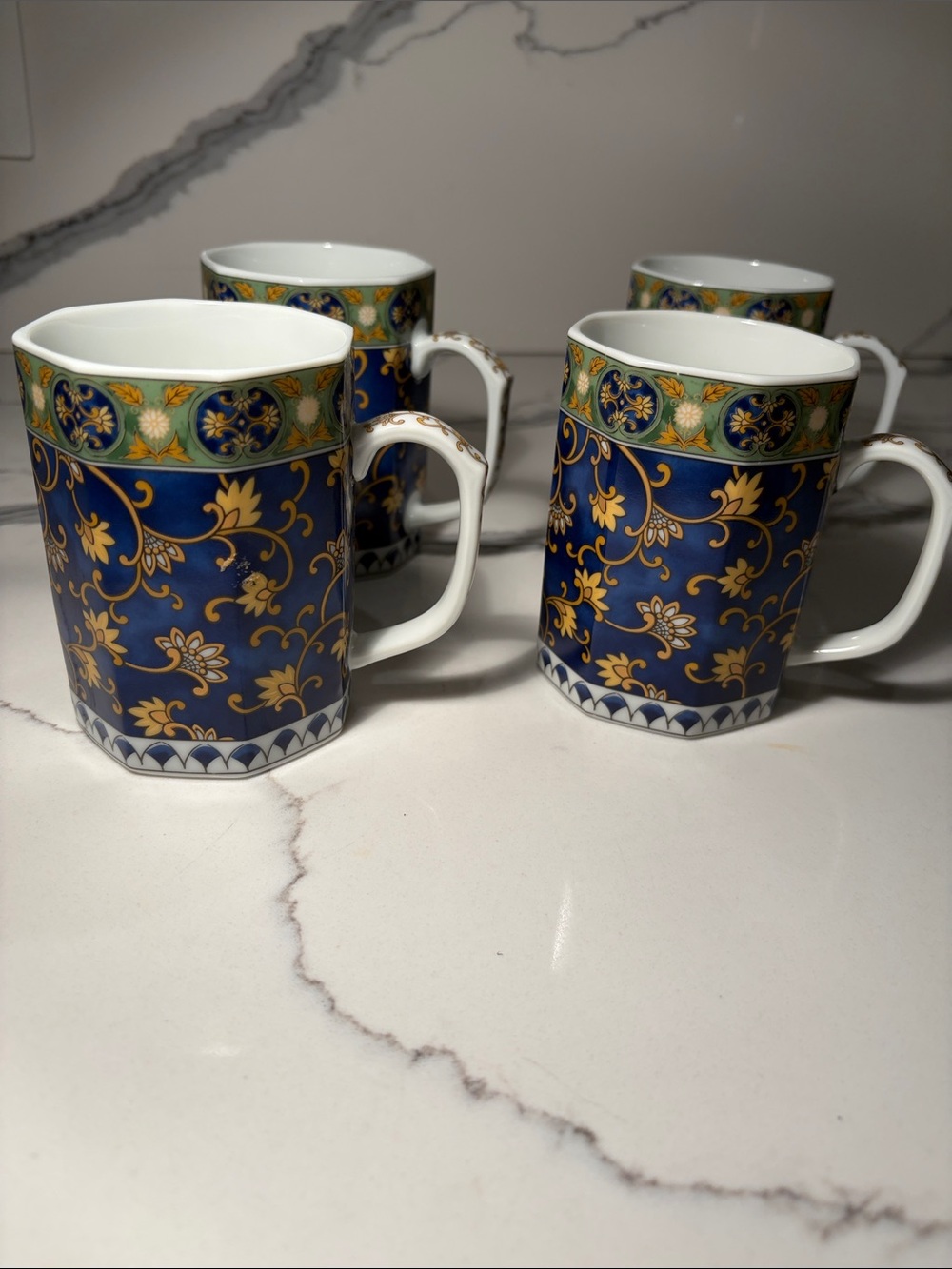 New Blue and Gold Vintage Floral Porcelain Mugs - Set of 4